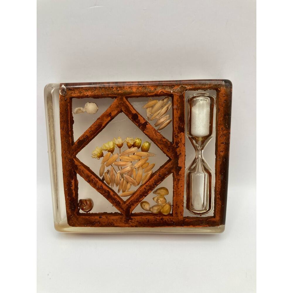 Vintage Acrylic Lucite Egg Timer Hour Glass with Seeds Fall Themed 3" x 3.25"